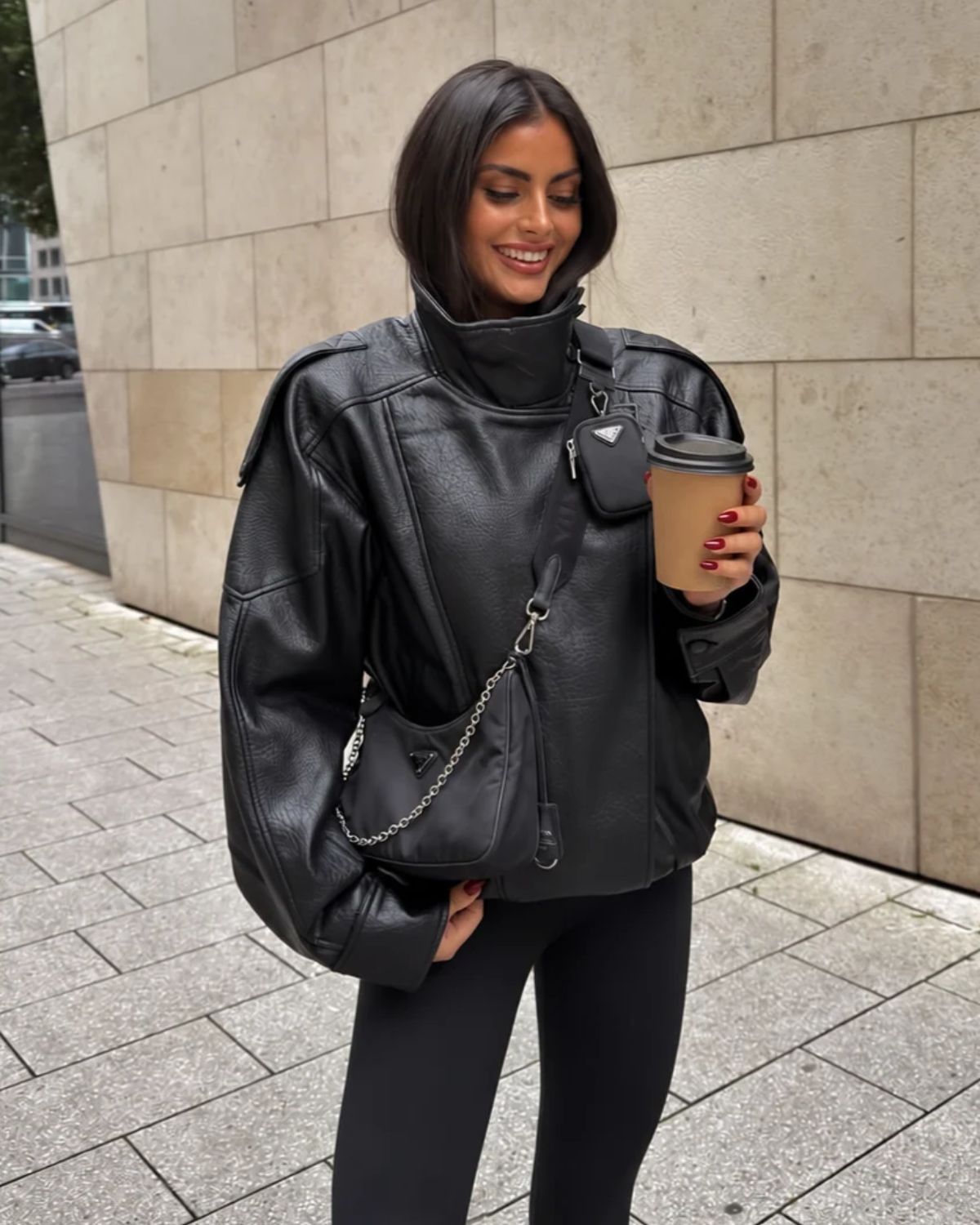 Funnel Neck Leather Jacket