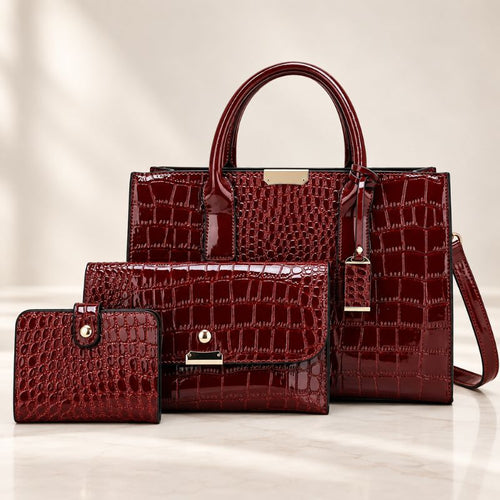 Crocodile Pattern Leather Shoulder Bag + FREE Wallet & Clutch