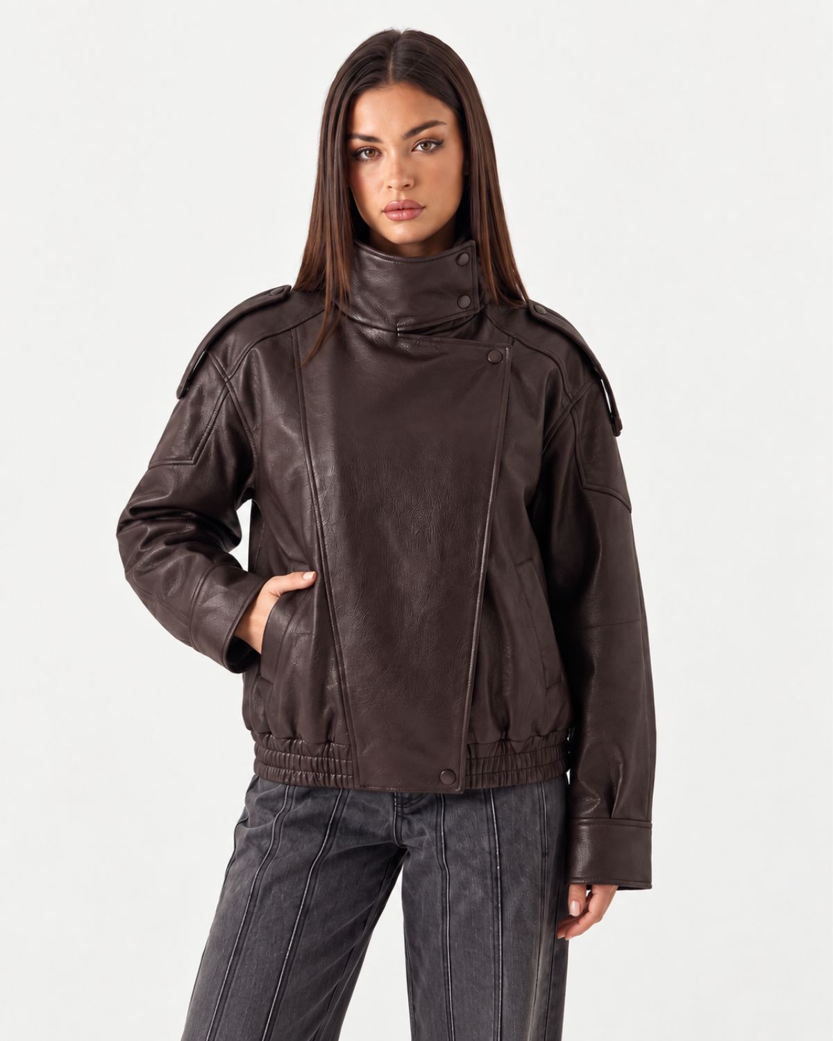 Funnel Neck Leather Jacket