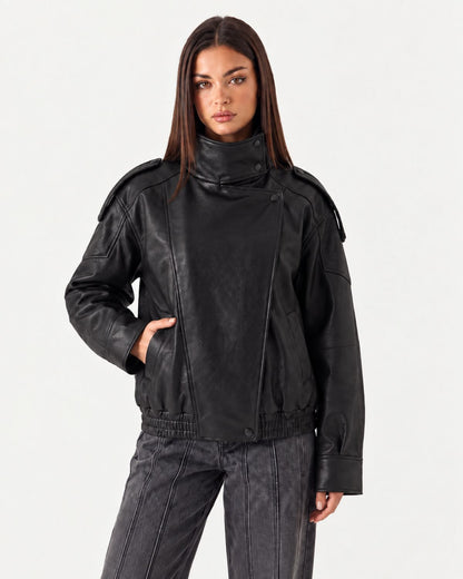Funnel Neck Leather Jacket