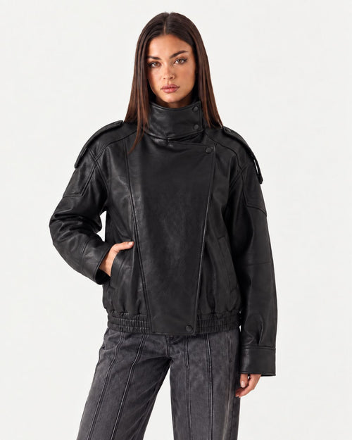 Funnel Neck Leather Jacket
