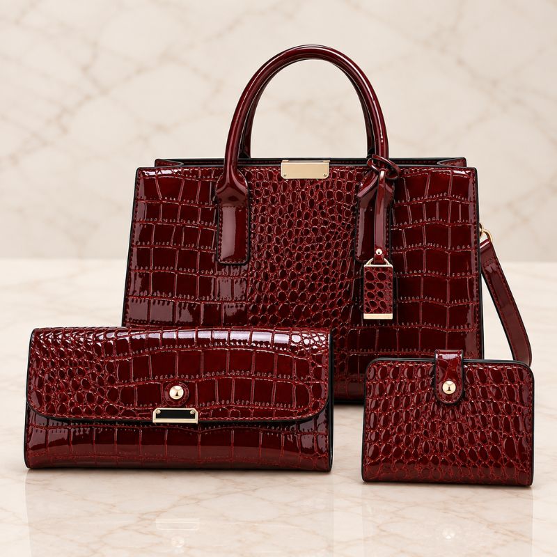 Crocodile Pattern Leather Shoulder Bag + FREE Wallet & Clutch