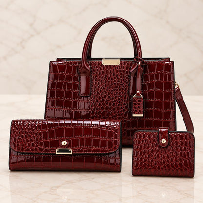 Crocodile Pattern Leather Shoulder Bag + FREE Wallet & Clutch