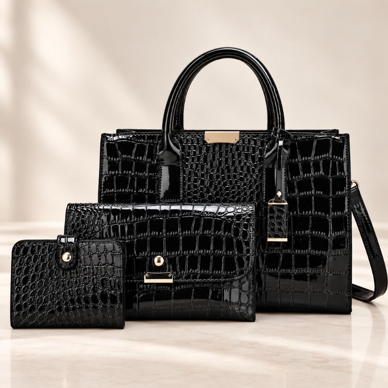 Crocodile Pattern Leather Shoulder Bag + FREE Wallet & Clutch
