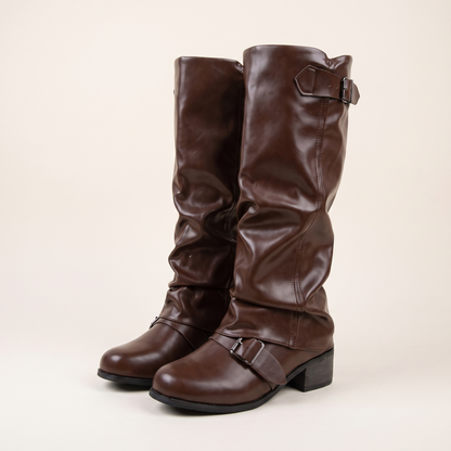 Low Heel Long Leather Boots